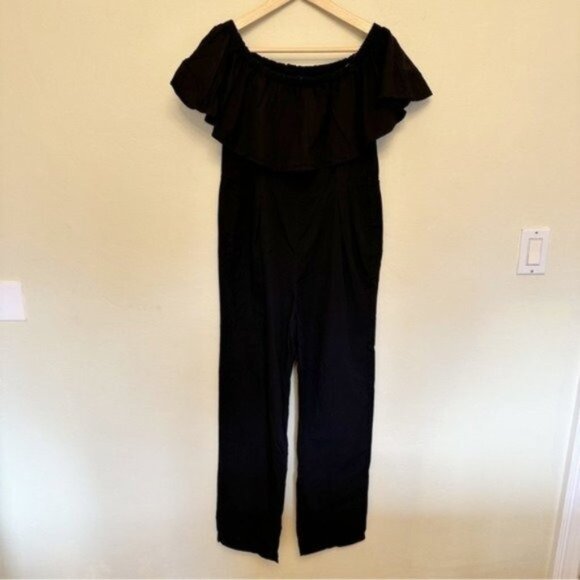Samantha Pleet Primrose Ruffle Top Cold Shoulder Black Jumpsuit - Picture 2 of 9